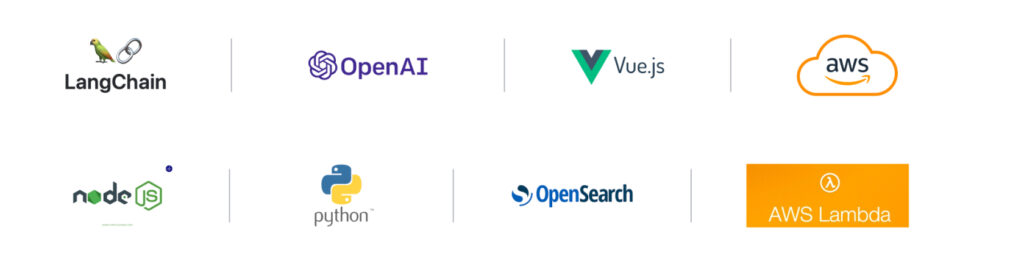 LangChain, OpenAI, Vue.js, AWS, node.js, python, OpenSearch, AWS Lambda